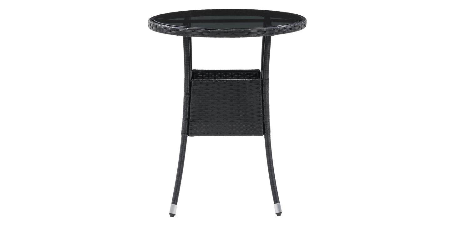 Modern patio bistro table with round white top, sleek wooden legs, and metal accents. Ideal for outdoor dining or garden decor. Durable and stylish, perfect for contemporary outdoor spaces.