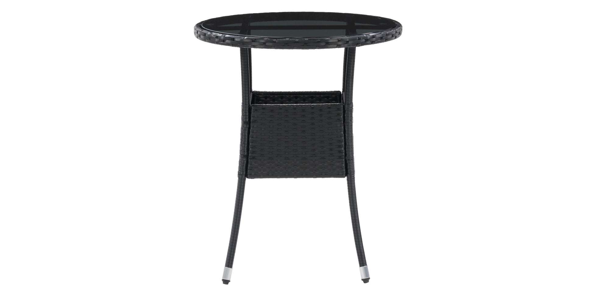 Modern patio bistro table with round white top, sleek wooden legs, and metal accents. Ideal for outdoor dining or garden decor. Durable and stylish, perfect for contemporary outdoor spaces.