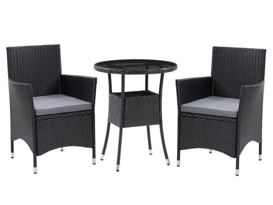 Modern 3-piece patio bistro set with a round glass-top table and two cushioned wicker chairs in beige and brown, featuring durable steel frames and weather-resistant materials ideal for outdoor dining.