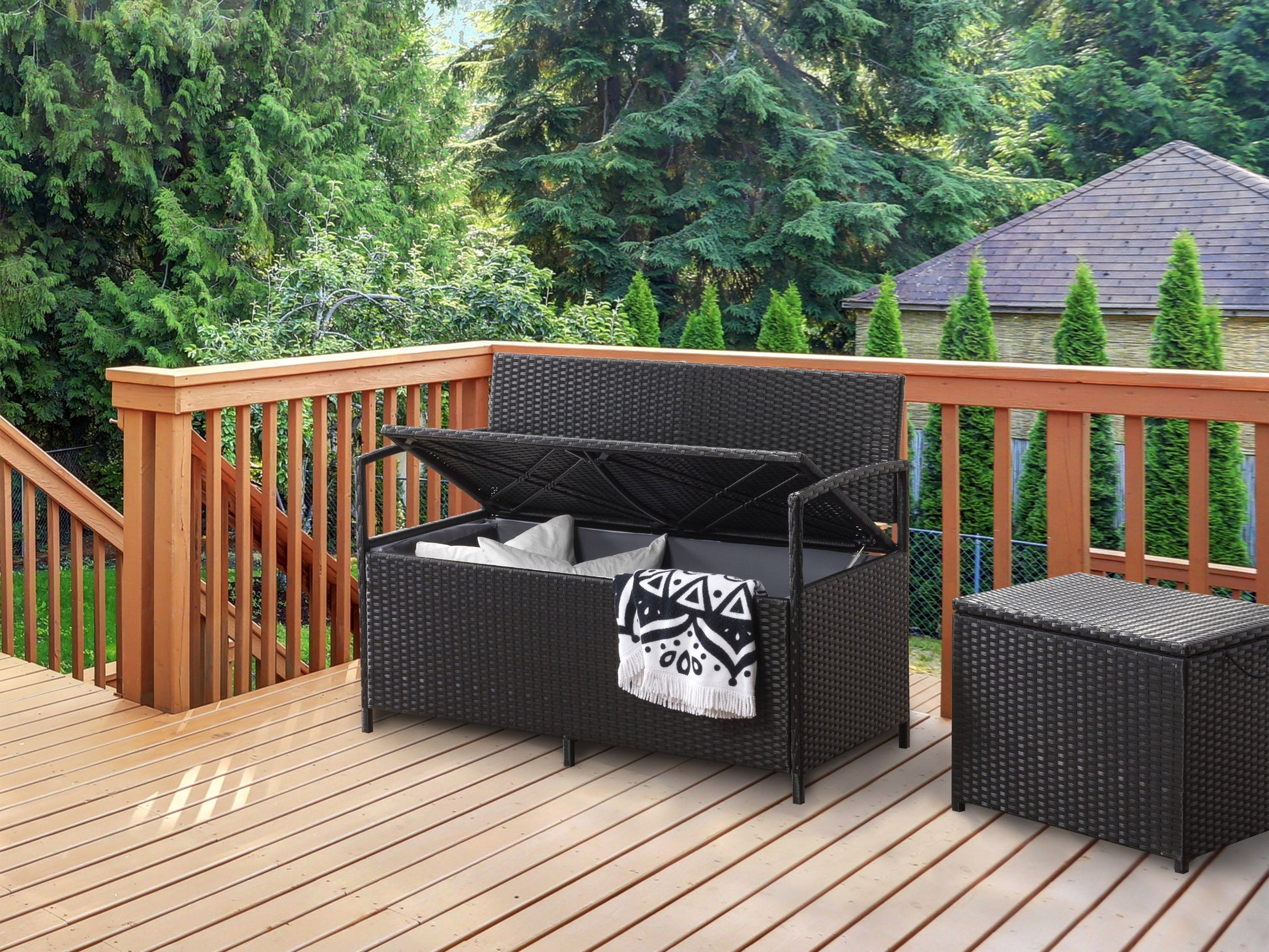 Outdoor patio bench with storage, featuring a natural wood finish and slatted design, complemented by sturdy black metal frame and armrests. Ideal for garden or porch, combining seating and practical storage space.