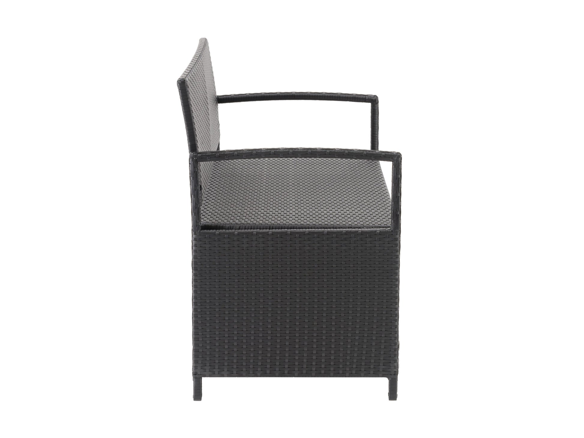 Outdoor bench with storage, grey and brown wicker, cushioned seat, sturdy wooden frame, ideal for patio or garden seating, weather-resistant, comfortable and functional for outdoor spaces.