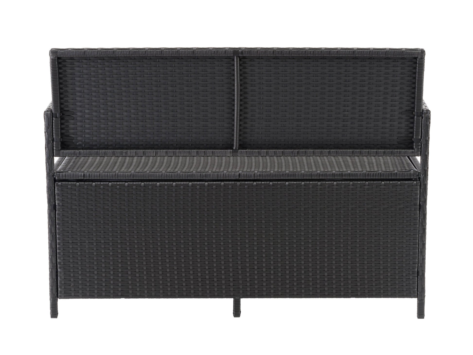 Outdoor patio bench with storage, featuring a wooden slatted seat and backrest in warm brown tones, durable metal frame in black, and under-seat storage compartment for garden tools or cushions.