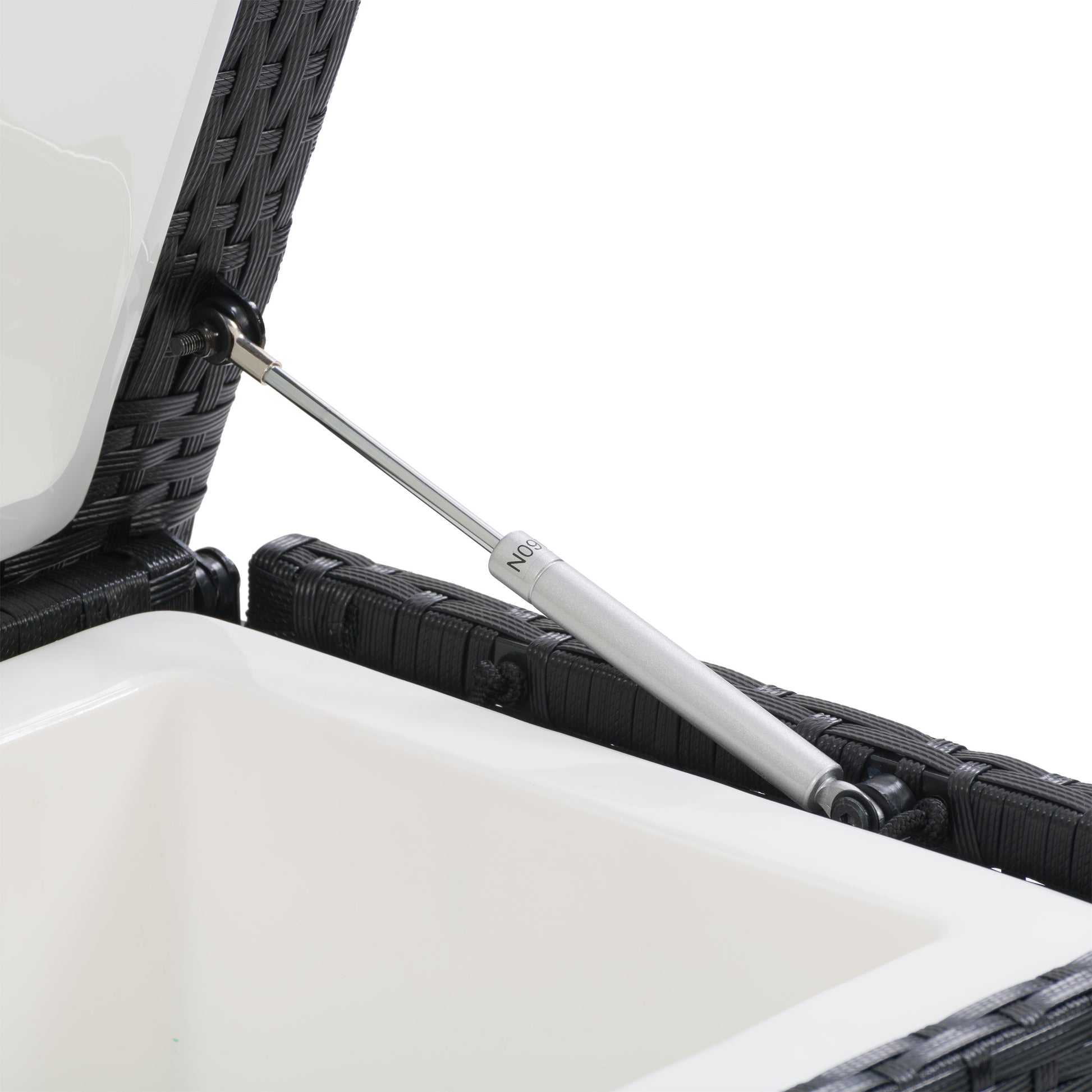 Weather-resistant outdoor cooler table with a sleek black rattan finish, featuring a lift-top design for easy access to drinks and a spacious interior for patio storage.