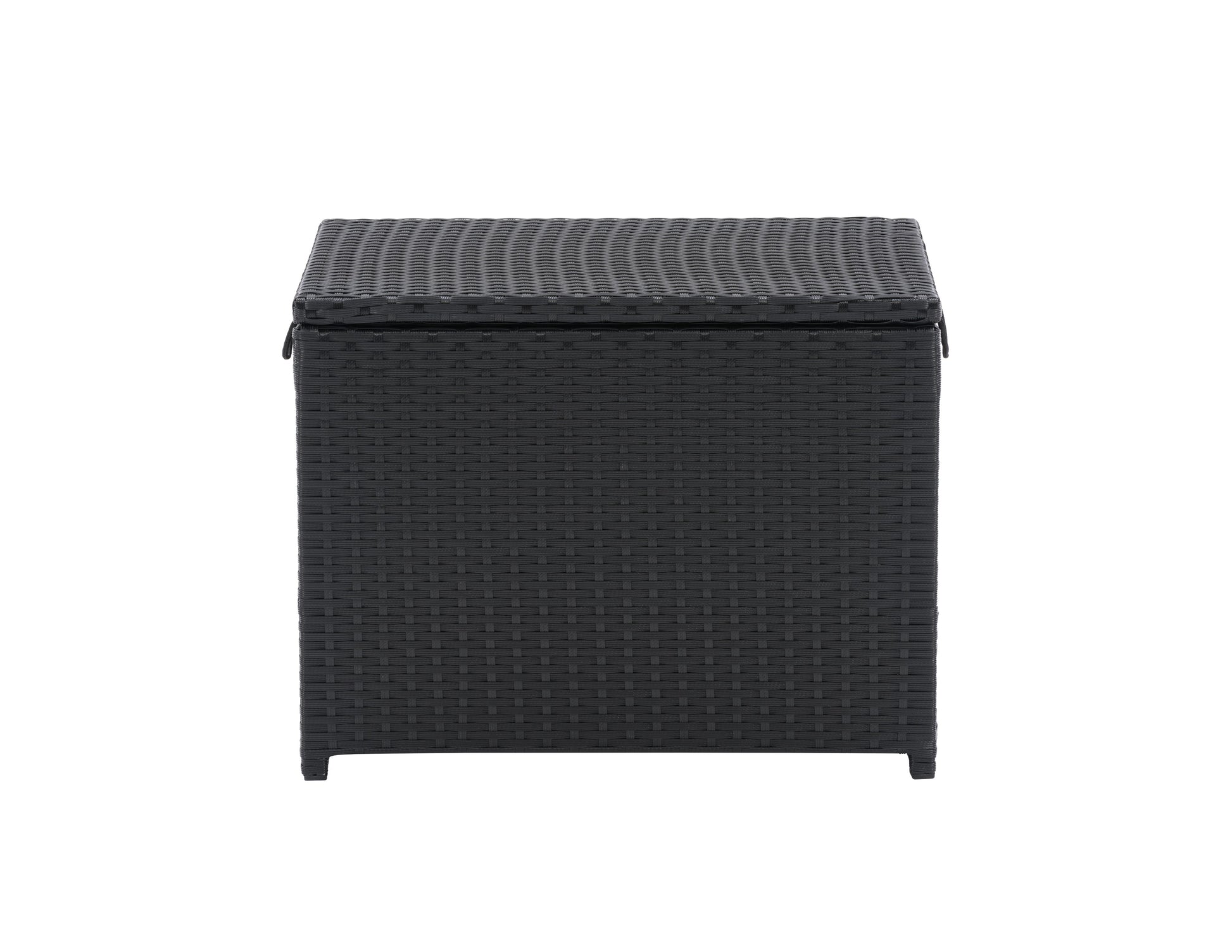 Brown wicker outdoor cooler table with a rectangular design, featuring a lift-top lid, built-in cooler compartment, and sturdy legs. Ideal for patio storage and keeping drinks cold during outdoor gatherings.