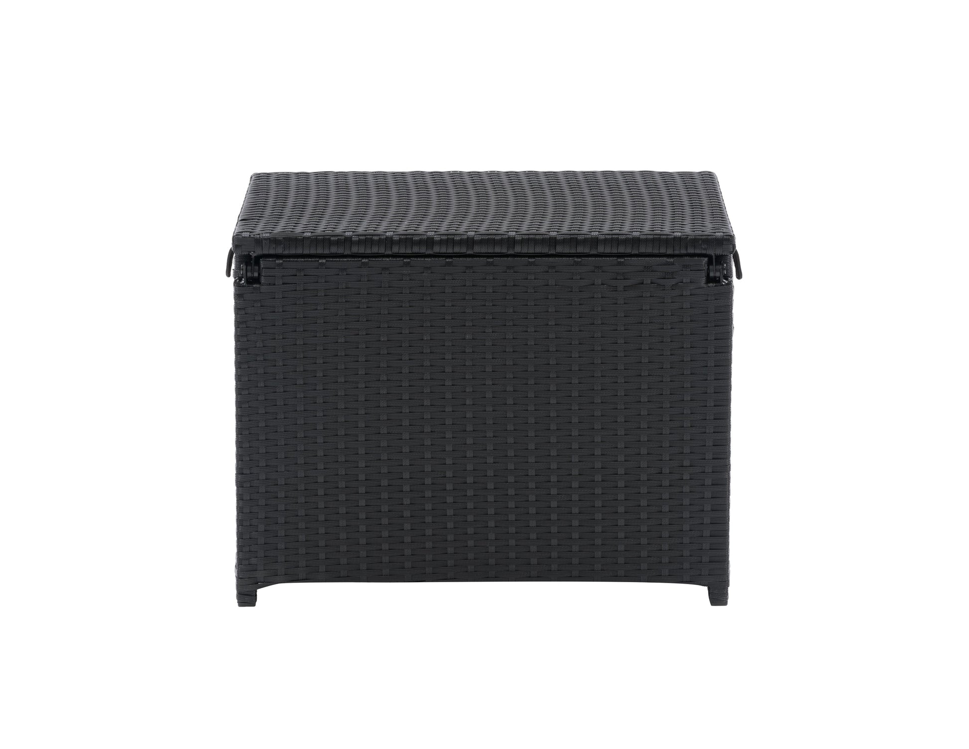 Modern outdoor cooler table in sleek black finish with wood accents, featuring a spacious storage compartment and flat tabletop surface, ideal for patio gatherings and outdoor entertaining.