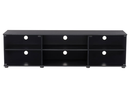 Modern TV stand for TVs up to 85 inches, featuring a sleek black finish, tempered glass doors, and spacious shelving for media storage. Ideal for contemporary living rooms or home theaters.