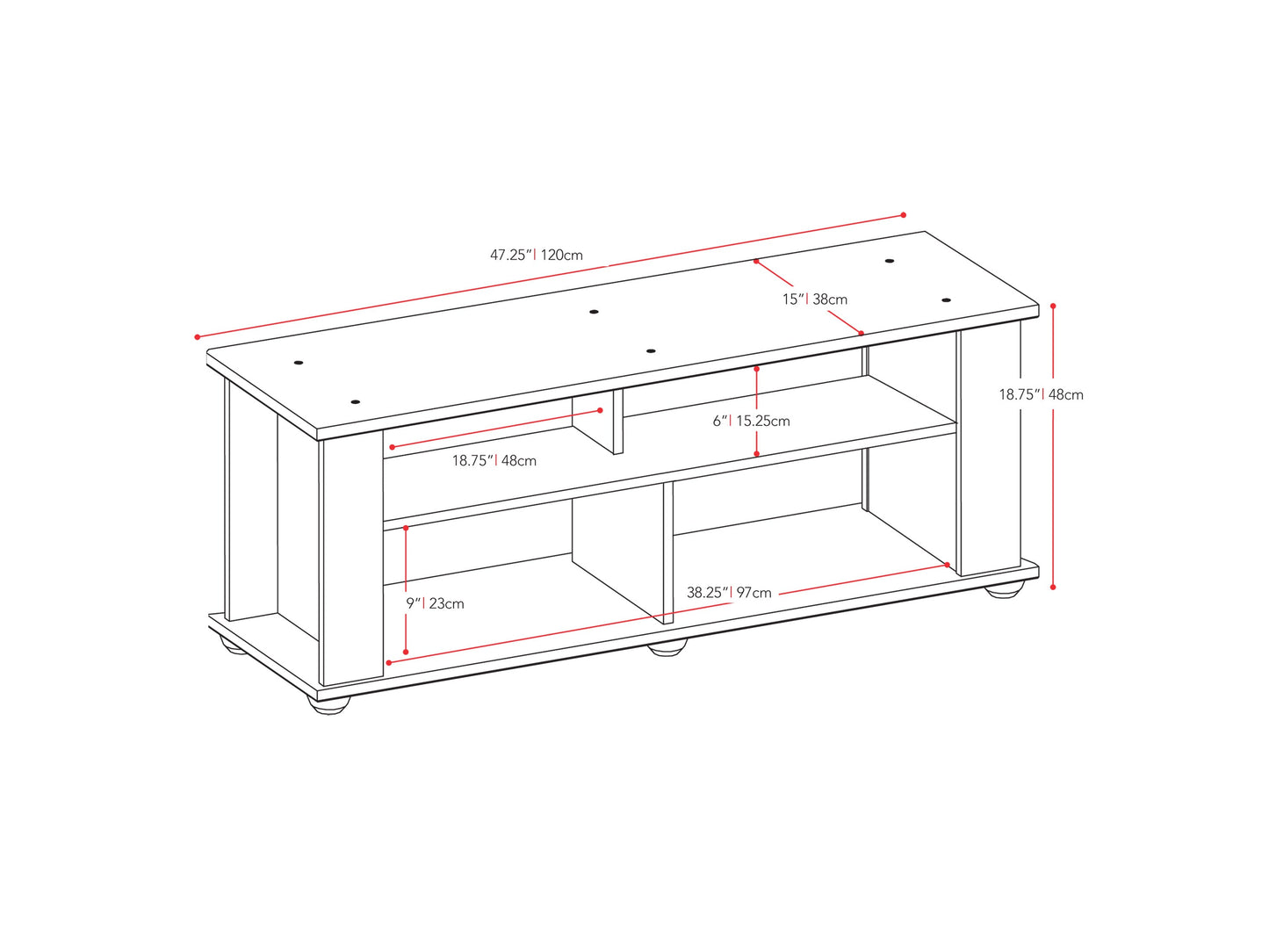 Black wood TV stand with two open shelves and two cabinets, suitable for TVs up to 55 inches, featuring a sleek, modern design with clean lines and a matte finish.