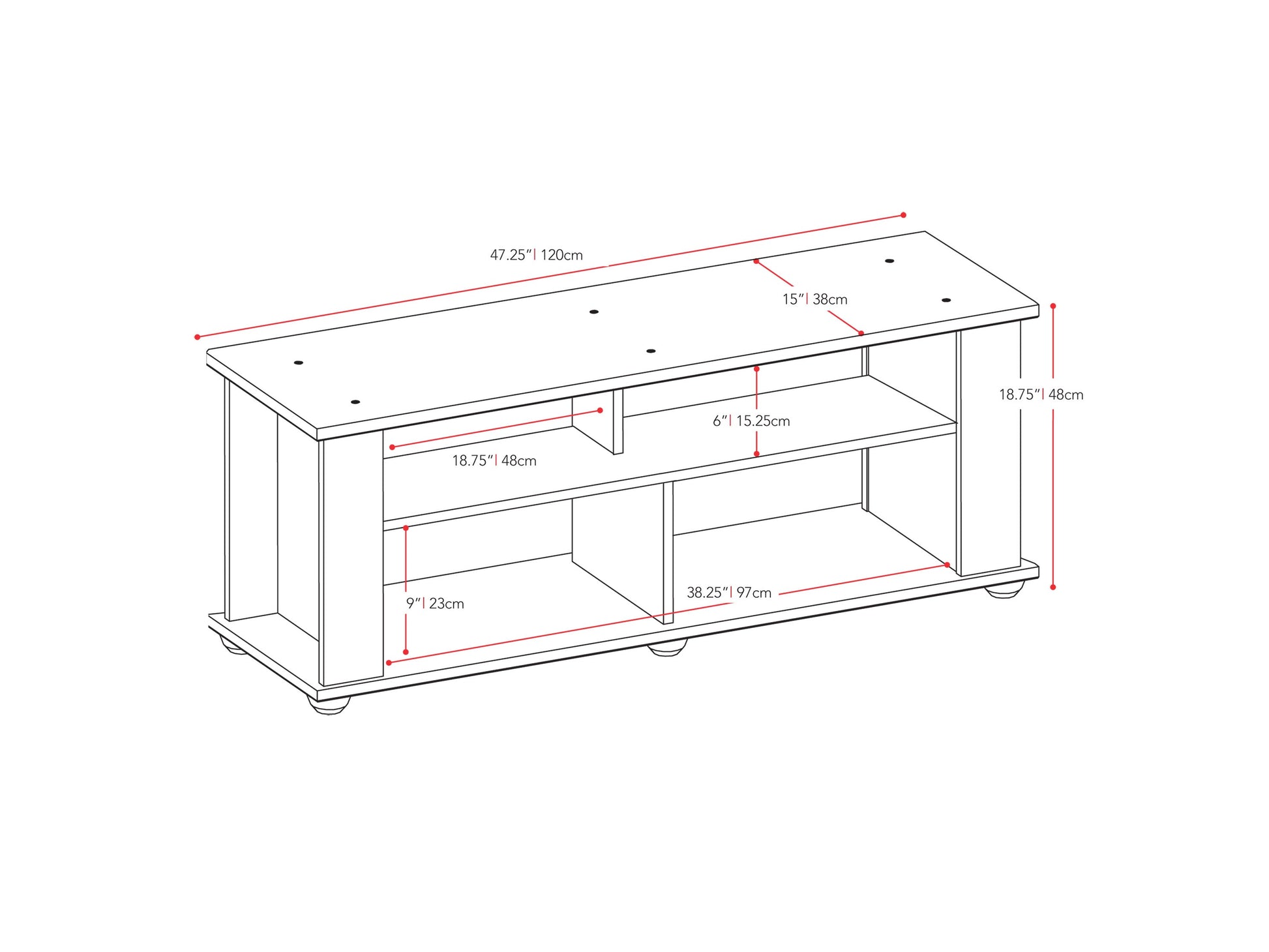 Black wood TV stand with two open shelves and two cabinets, suitable for TVs up to 55 inches, featuring a sleek, modern design with clean lines and a matte finish.