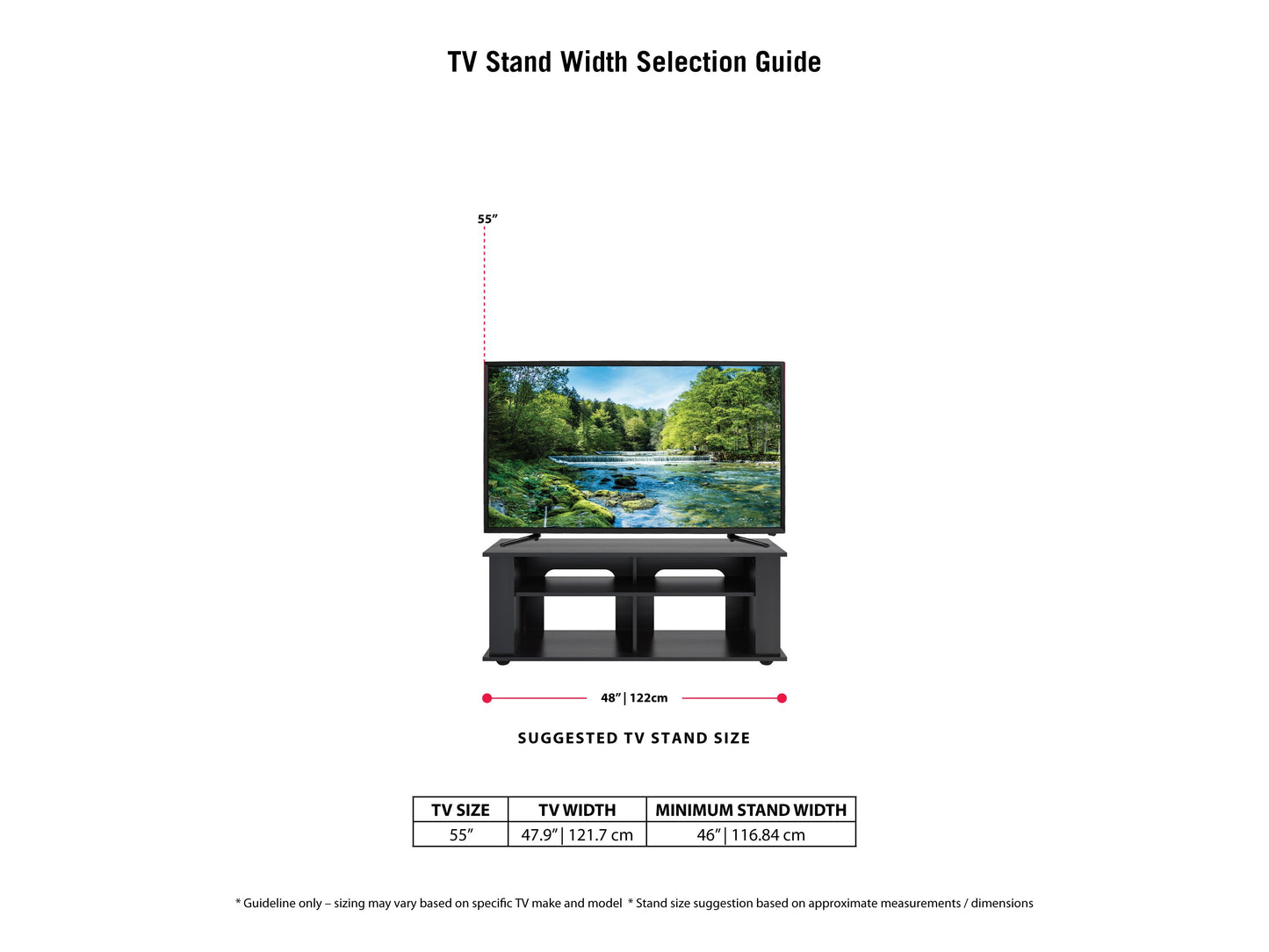 Black wood TV stand with two open shelves, two cabinets with glass doors, and silver handles, suitable for TVs up to 55 inches. Modern design with sleek lines and sturdy construction.