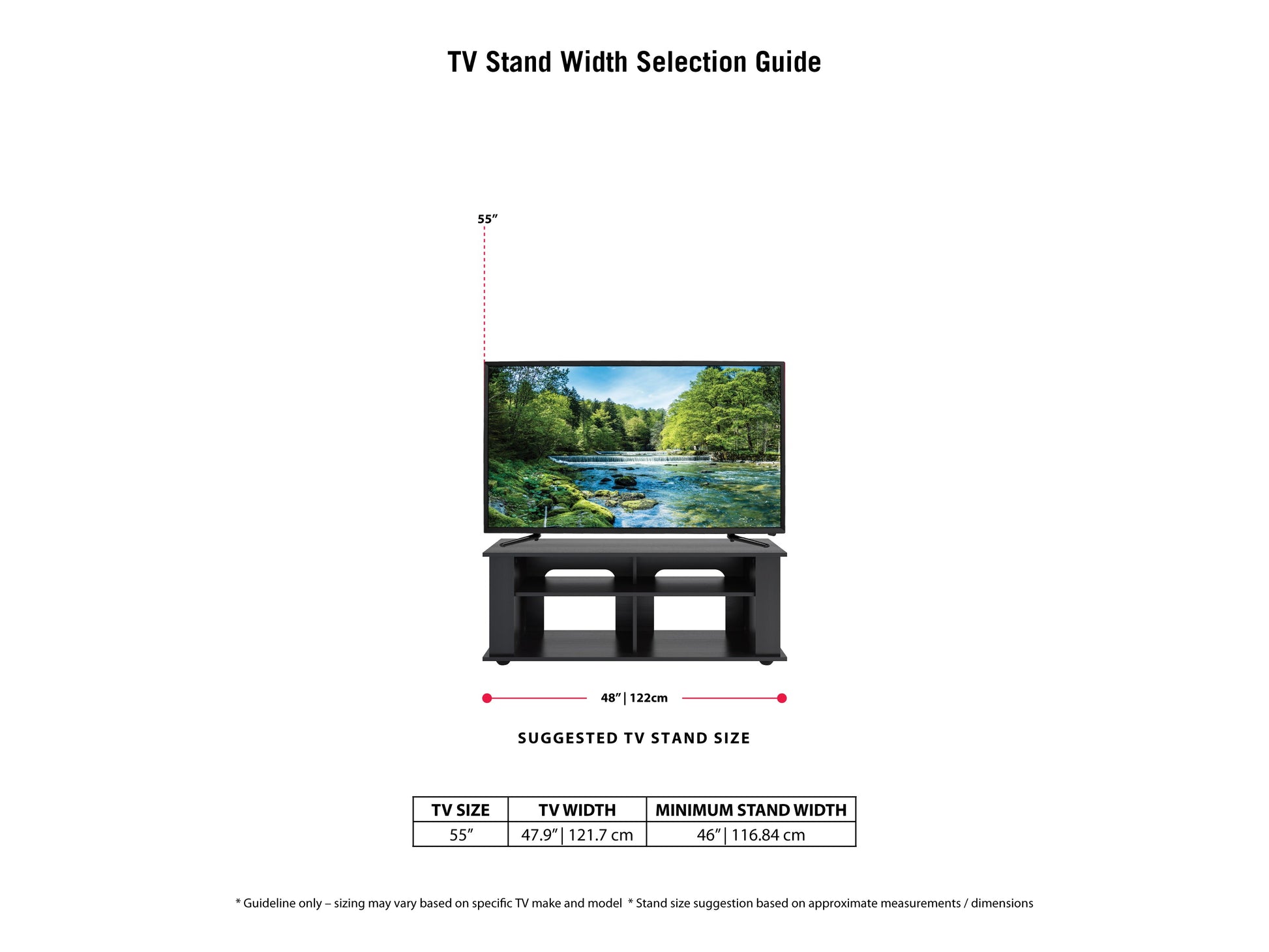 Black wood TV stand with two open shelves, two cabinets with glass doors, and silver handles, suitable for TVs up to 55 inches. Modern design with sleek lines and sturdy construction.
