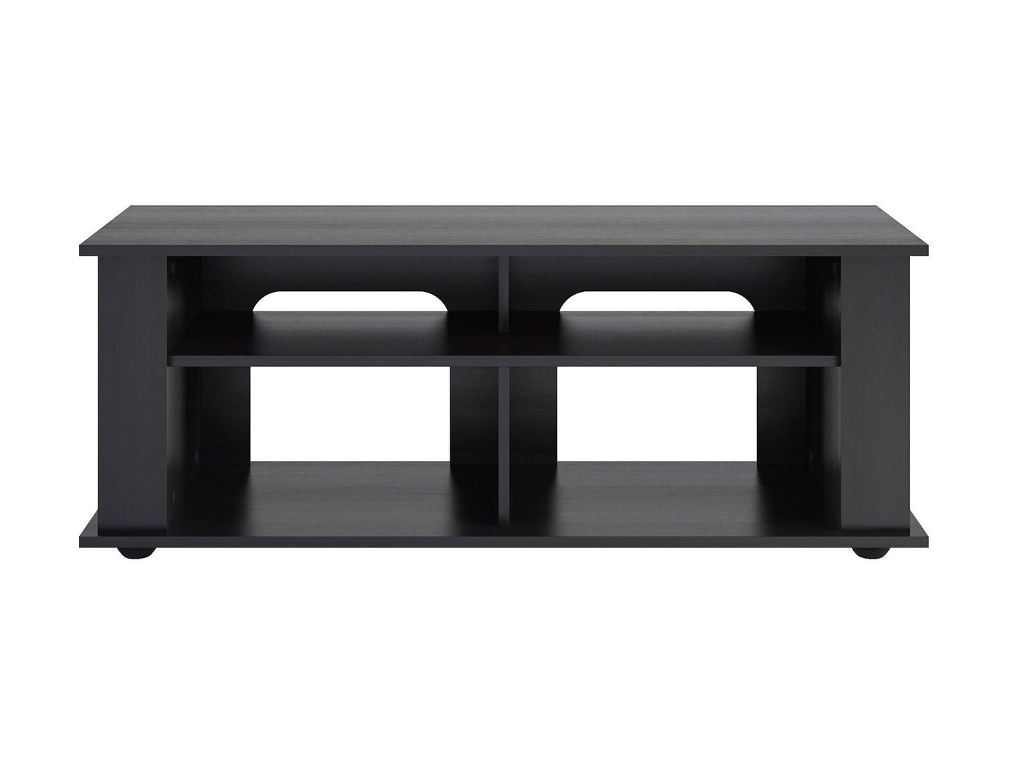 Black wood TV stand with two open shelves and two cabinets, suitable for TVs up to 55 inches. Features sleek metal handles and a modern design, perfect for contemporary living rooms.