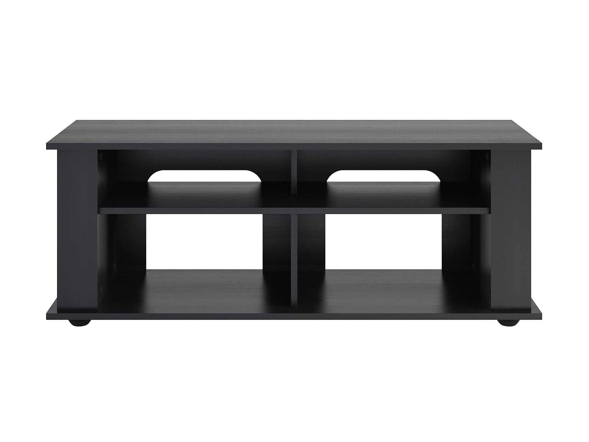 Black wood TV stand with two open shelves and two cabinets, suitable for TVs up to 55 inches. Features sleek metal handles and a modern design, perfect for contemporary living rooms.