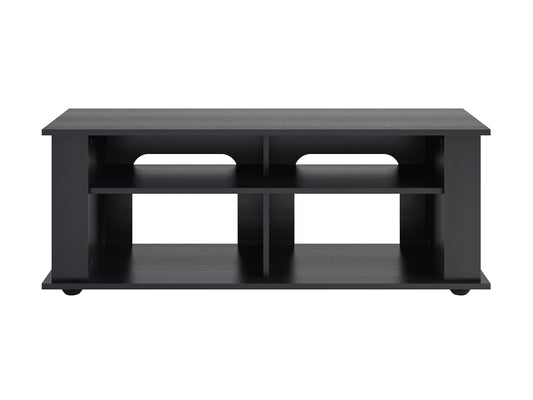 Black wood TV stand with two open shelves and two cabinets, suitable for TVs up to 55 inches. Features sleek metal handles and a modern design, perfect for contemporary living rooms.