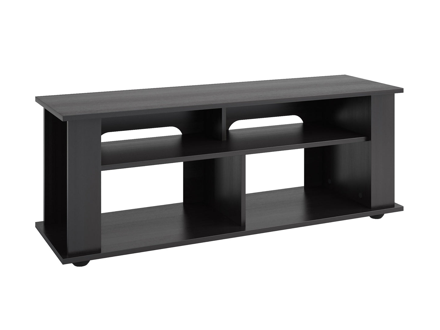Black wood TV stand with sleek lines, open shelving, and metal legs, fits TVs up to 55 inches. Modern design, sturdy construction, and ample storage space for electronics and decor.