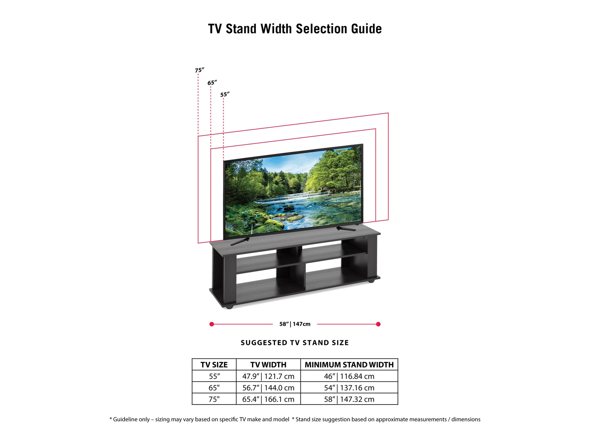 Black wood TV stand with open shelves and two cabinets, suitable for TVs up to 75 inches. Features a sleek, modern design with a matte finish and silver handles, perfect for contemporary living rooms.