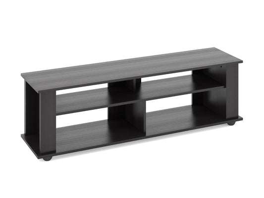 Black wood TV stand with sleek design, suitable for TVs up to 75 inches, featuring two open shelves, two cabinets with silver handles, and a modern, minimalist look.