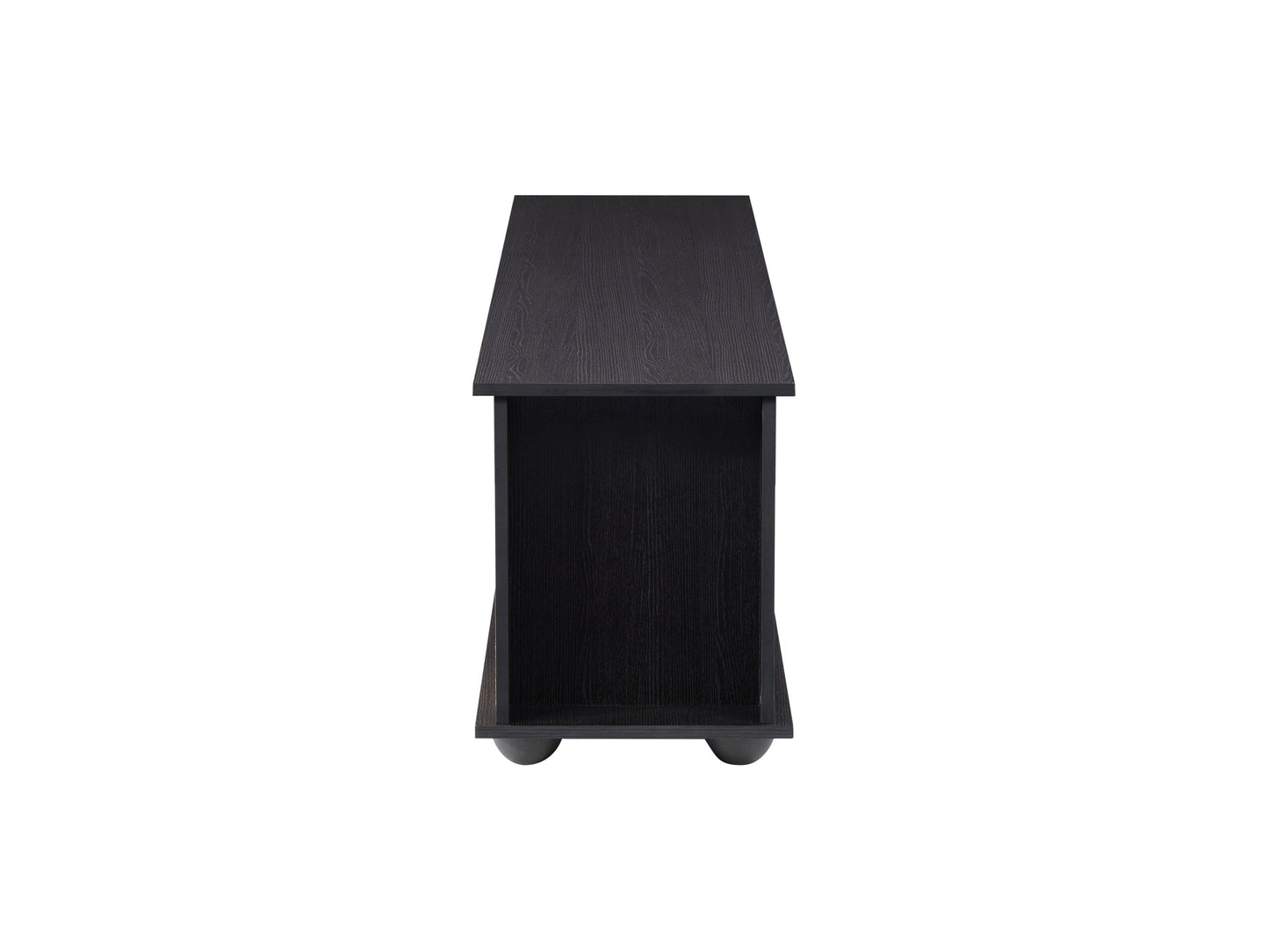 Black TV stand with wooden accents, suitable for TVs up to 85 inches, featuring sleek design, open shelves, and sturdy construction. Ideal for modern living rooms or entertainment spaces.