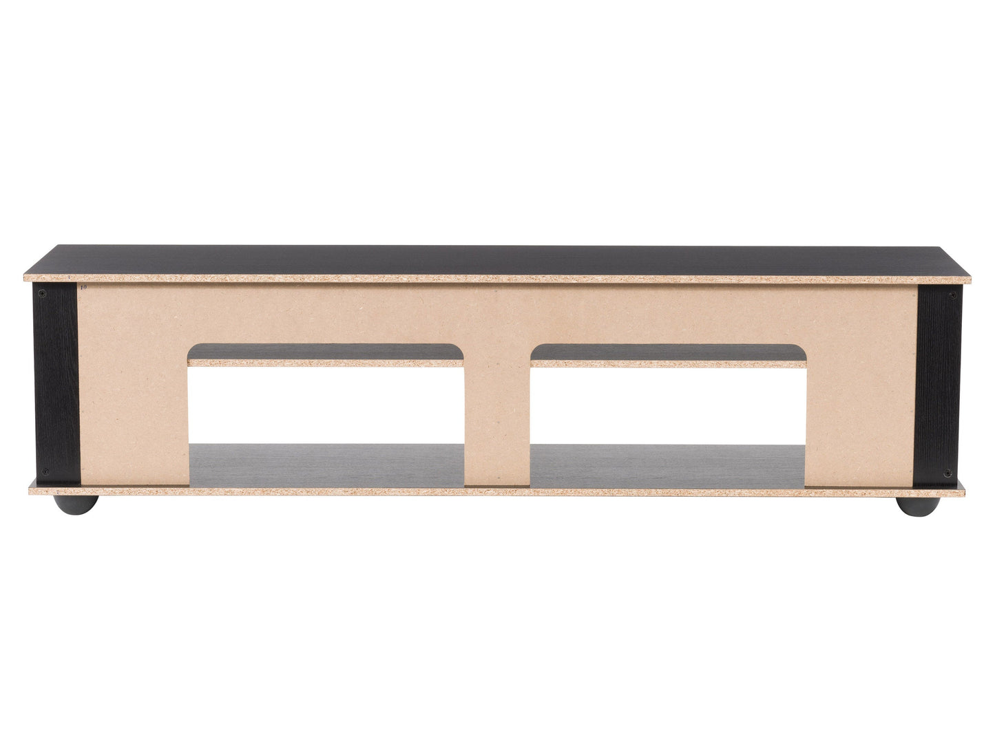 Black TV stand for TVs up to 85 inches, featuring sleek metal legs, a spacious wooden top, and open shelving for storage. Modern design with a matte black finish and clean lines ideal for contemporary living rooms.