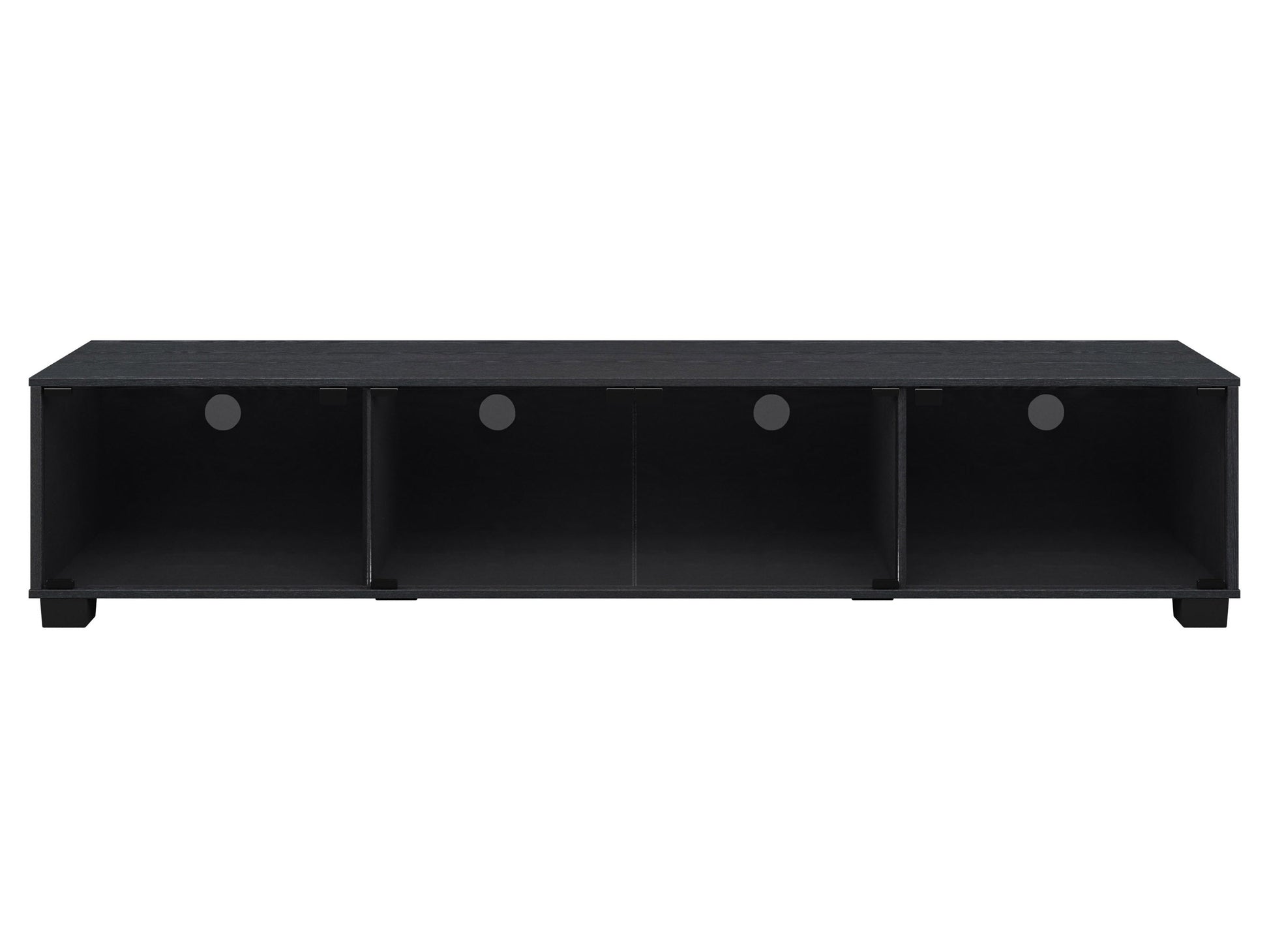 Black glass TV stand with chrome legs, three-tier shelving, and cable management system, fits TVs up to 85 inches, modern design, sleek and durable, perfect for living rooms or entertainment spaces.