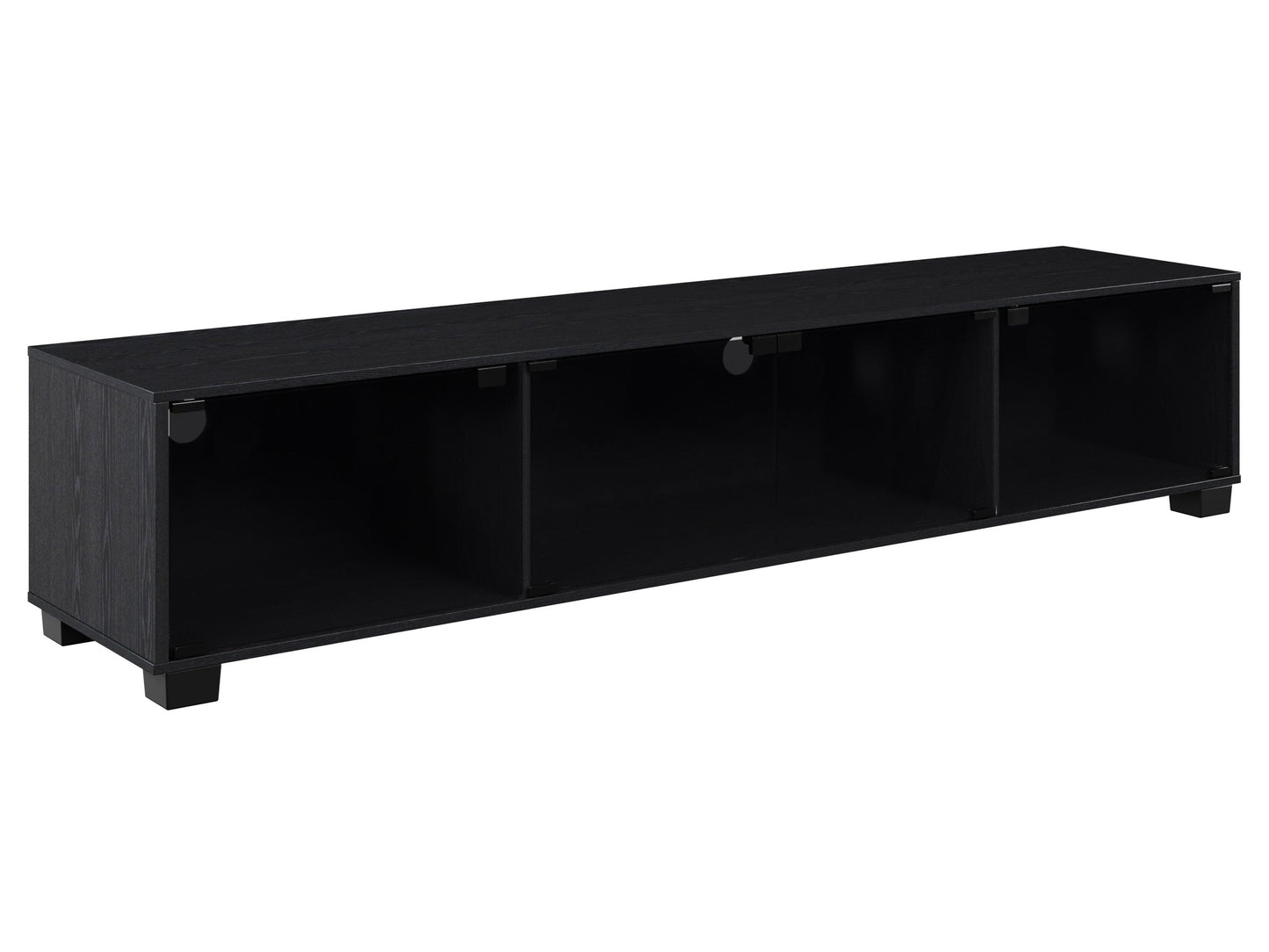 Black glass TV stand with three open shelves, sleek black finish, and sturdy metal frame, designed to support TVs up to 85 inches.