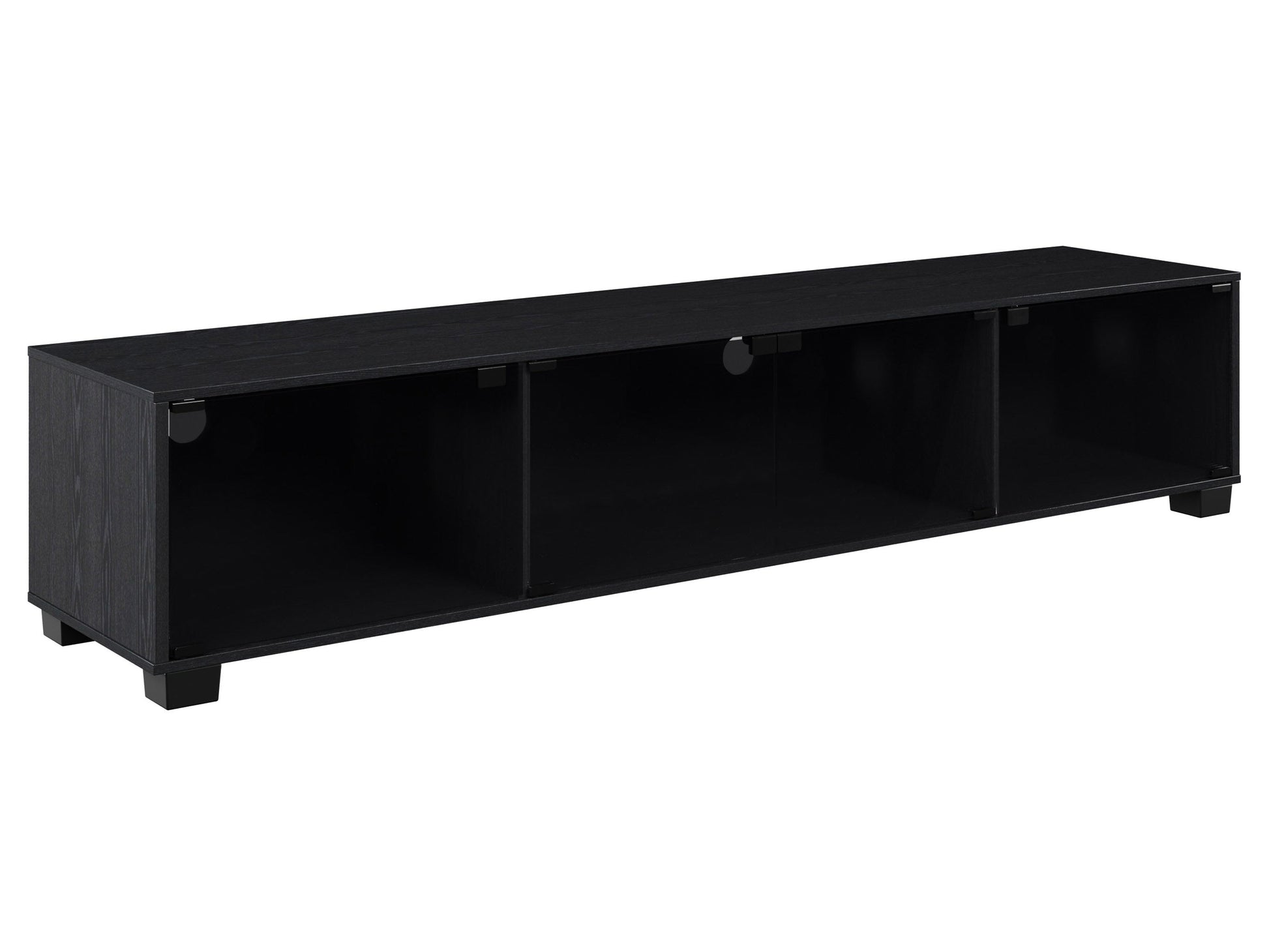 Black glass TV stand with three open shelves, sleek black finish, and sturdy metal frame, designed to support TVs up to 85 inches.