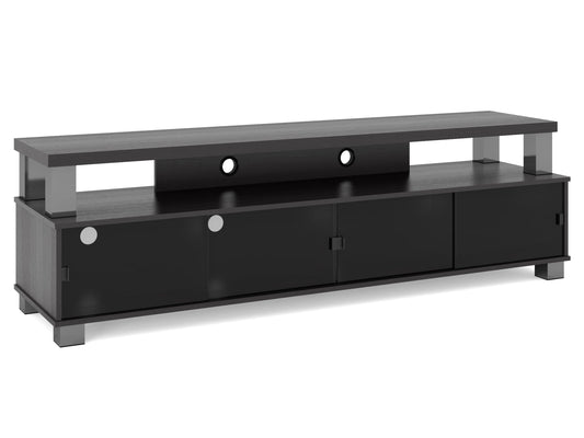Extra wide wooden TV stand with dark walnut finish, featuring open shelves and two large cabinets, suitable for TVs up to 95 inches.