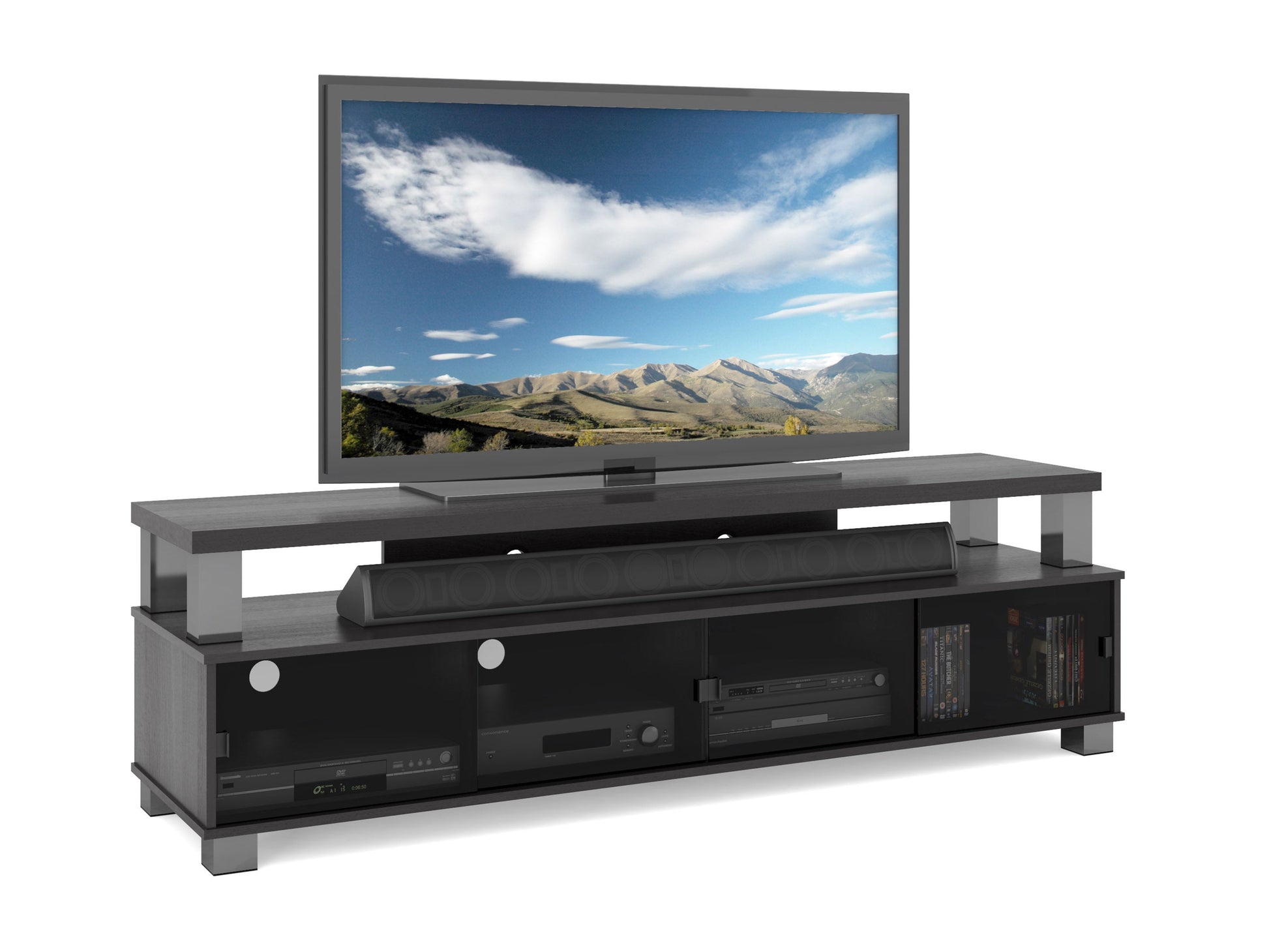 Extra wide wooden TV stand with dark walnut finish, featuring open shelves and two large cabinets, suitable for TVs up to 95 inches.