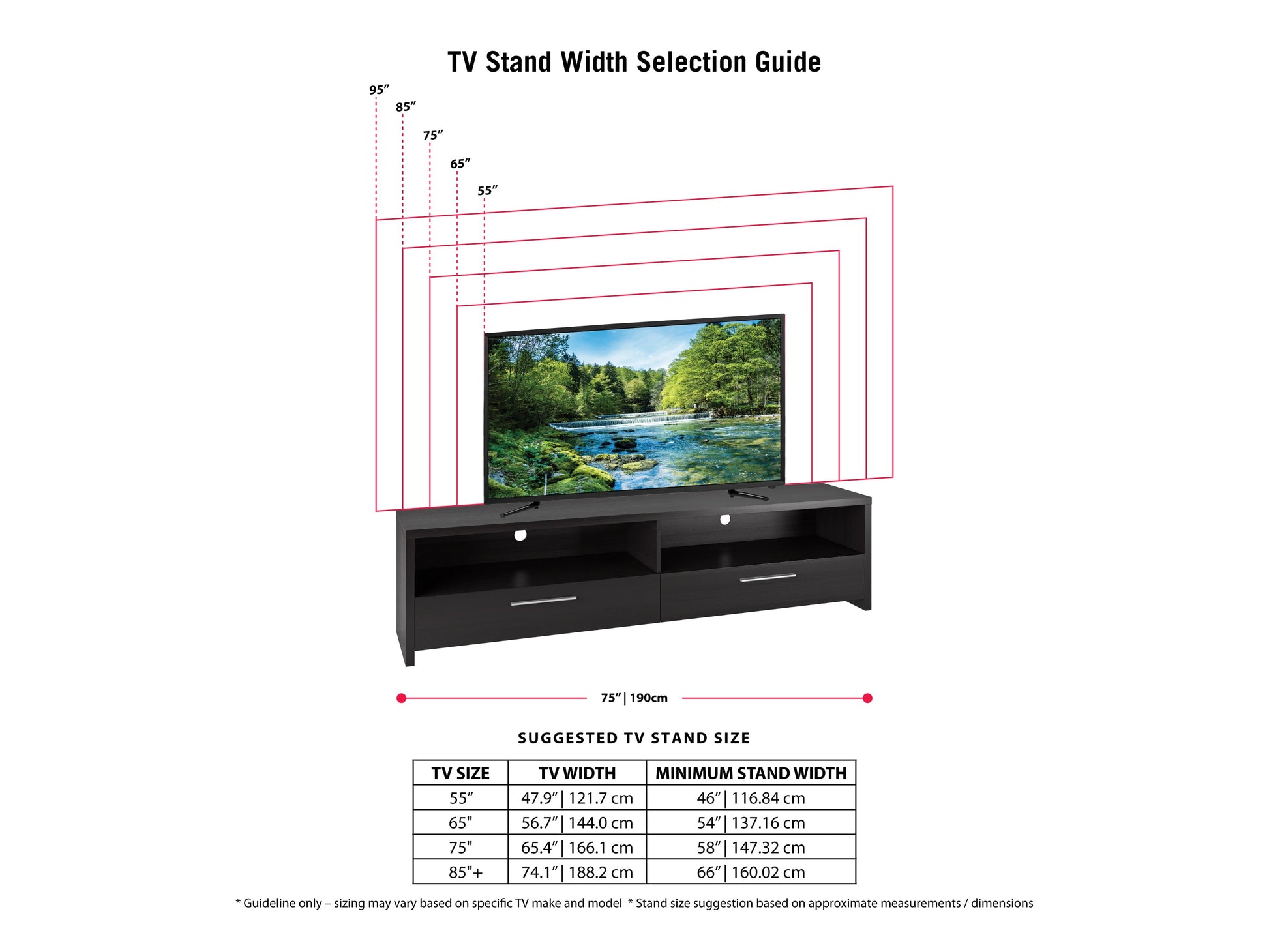 Black TV stand with sleek design, fits TVs up to 95 inches, featuring tempered glass shelves, cable management system, and sturdy metal frame for modern living rooms.