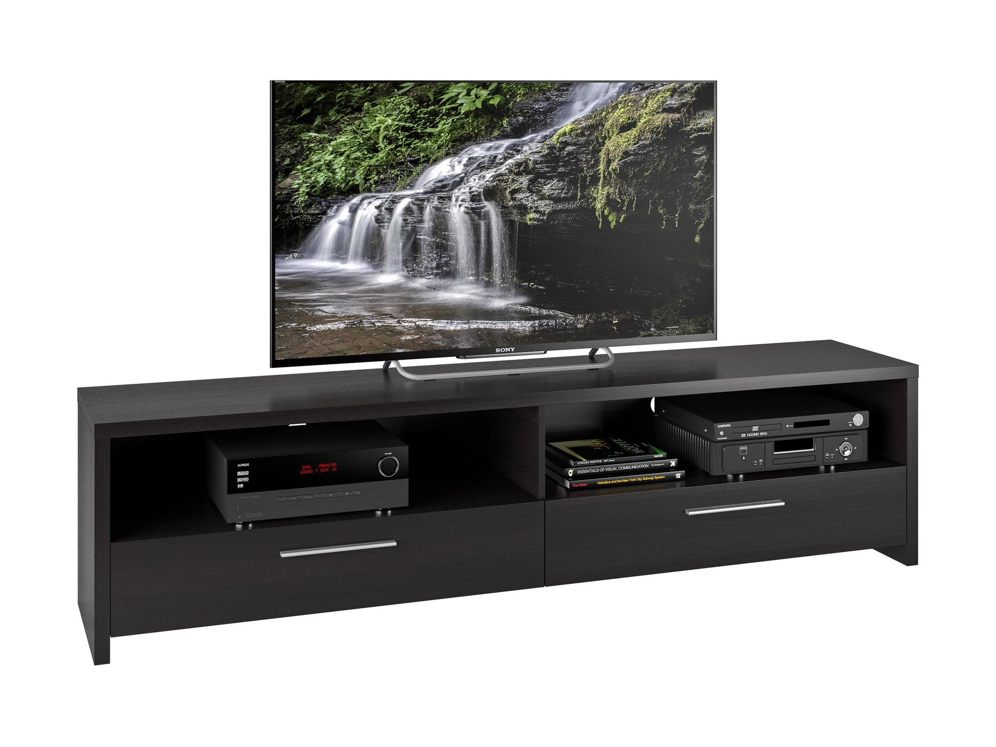 Black TV stand with sleek design, fits TVs up to 95 inches, featuring tempered glass shelves, cable management system, and sturdy metal frame for modern living rooms.