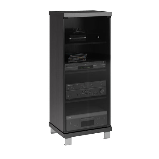 Modern media storage cabinet with doors, featuring sleek white finish, minimalist design, and ample storage space. Perfect for organizing electronics, DVDs, and gaming consoles in a contemporary living room.