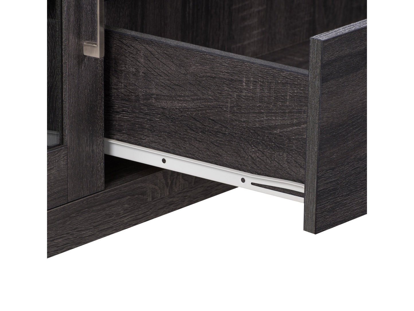 Grey wood TV stand for TVs up to 85 inches, featuring a sleek design with two open shelves, two cabinets with metal handles, and a textured wood grain finish.