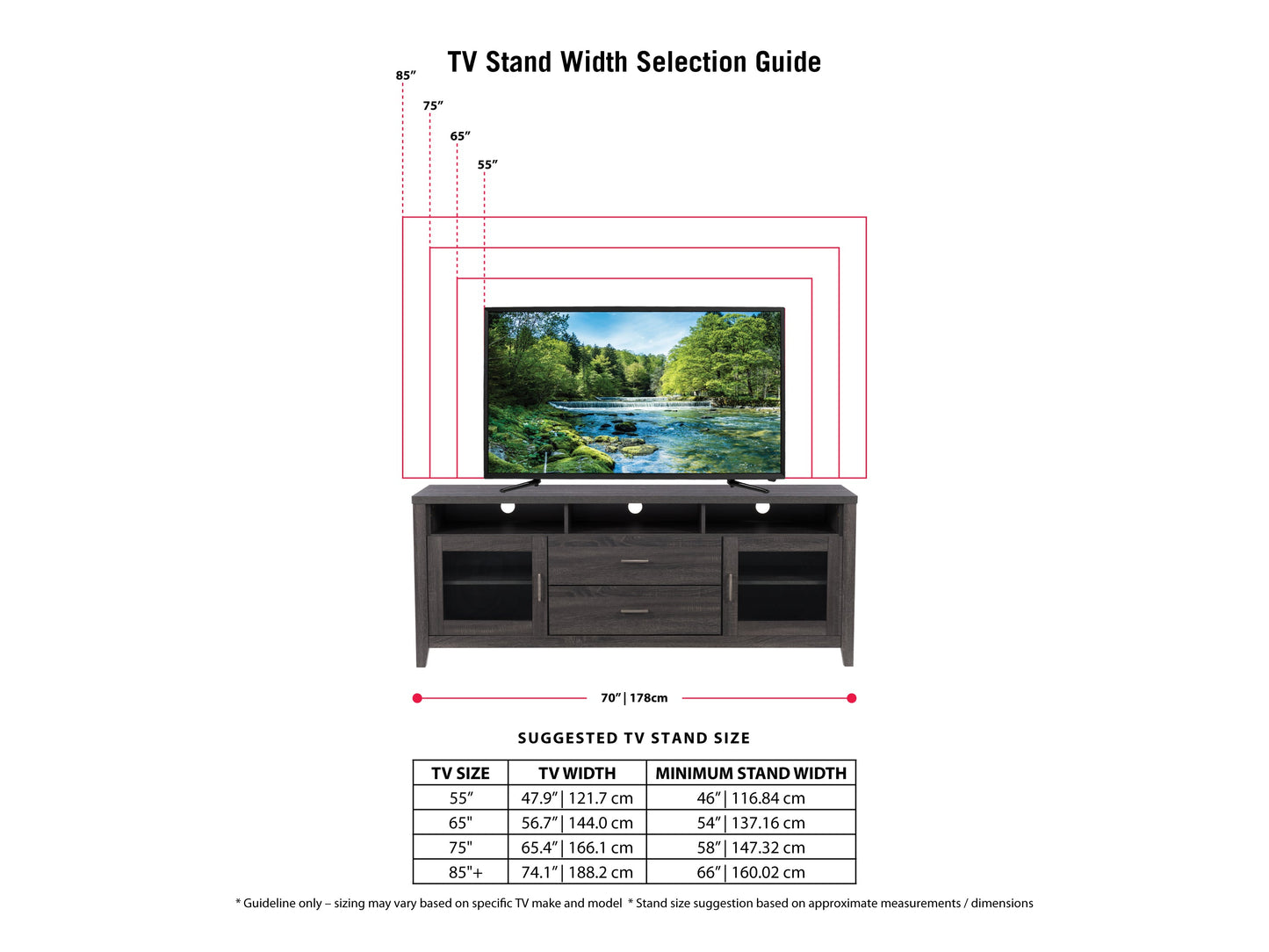 Grey wood TV stand for TVs up to 85 inches with two sliding barn doors, black metal hardware, and open shelving for storage.