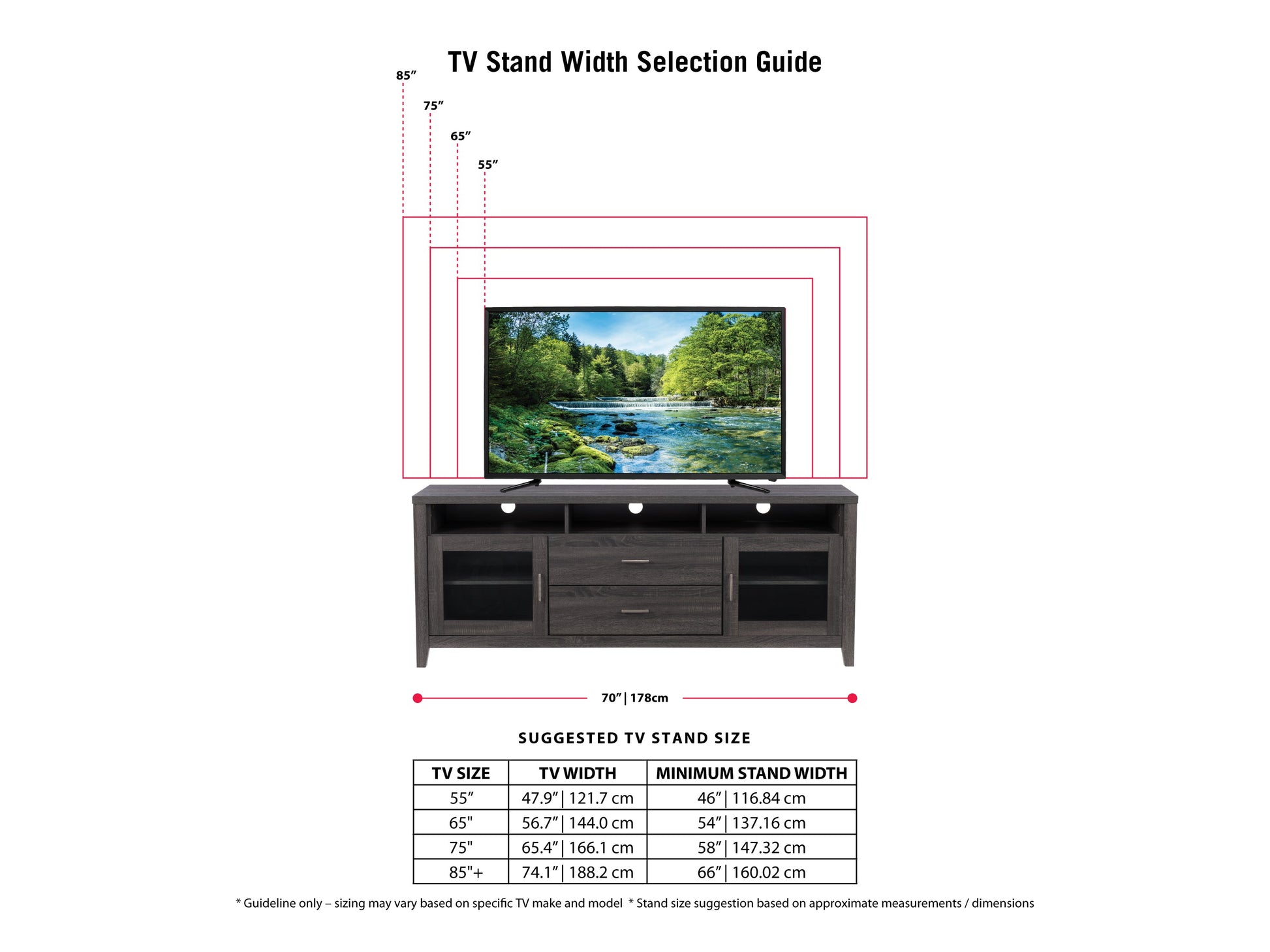 Grey wood TV stand for TVs up to 85 inches with two sliding barn doors, black metal hardware, and open shelving for storage.