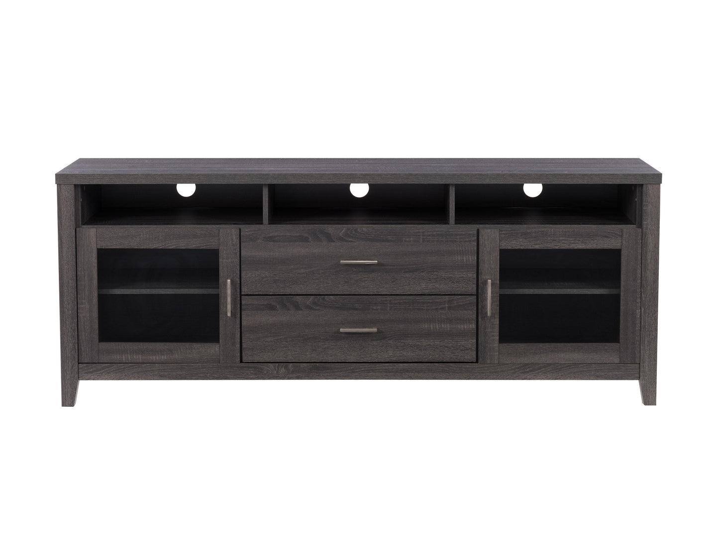 Grey wood TV stand for TVs up to 85 inches, featuring a sleek design with a textured finish, open shelves, and closed cabinets for storage, blending modern and rustic styles.