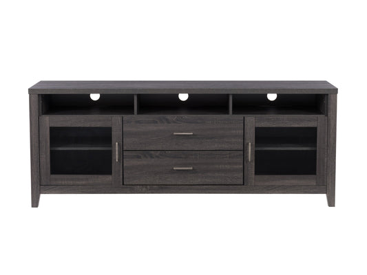 Grey wood TV stand for TVs up to 85 inches, featuring a sleek design with a textured finish, open shelves, and closed cabinets for storage, blending modern and rustic styles.