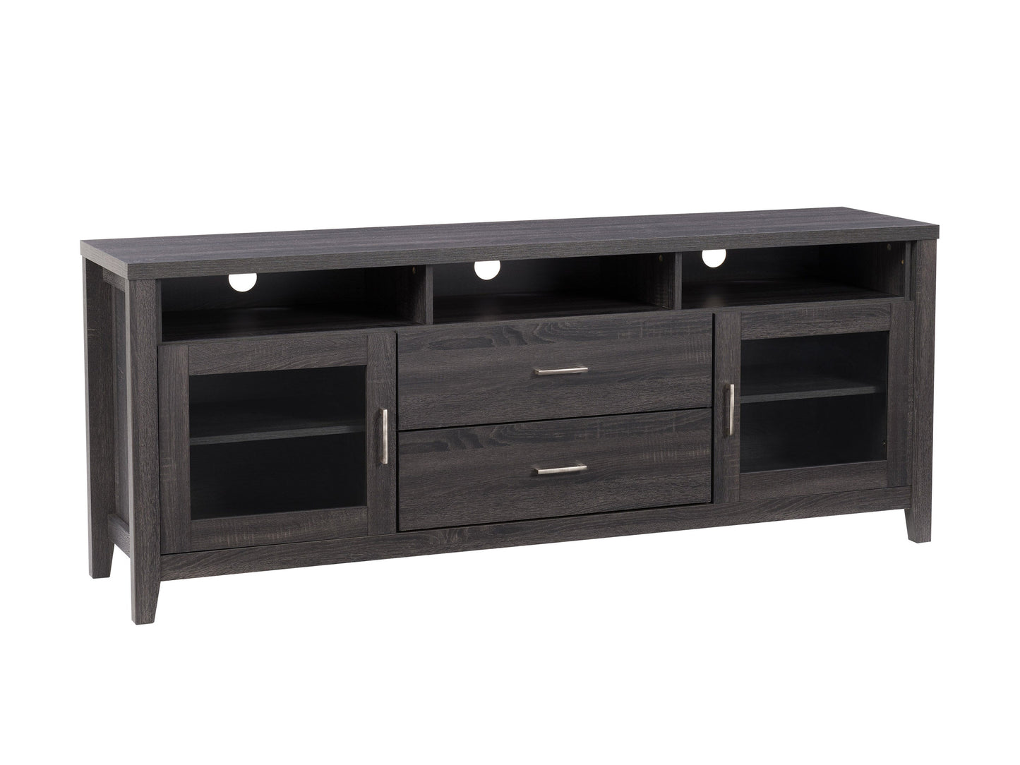 Grey wood TV stand with two open shelves, two cabinets with glass doors, and metallic handles, suitable for TVs up to 85 inches. Modern design with a textured finish, perfect for living rooms.