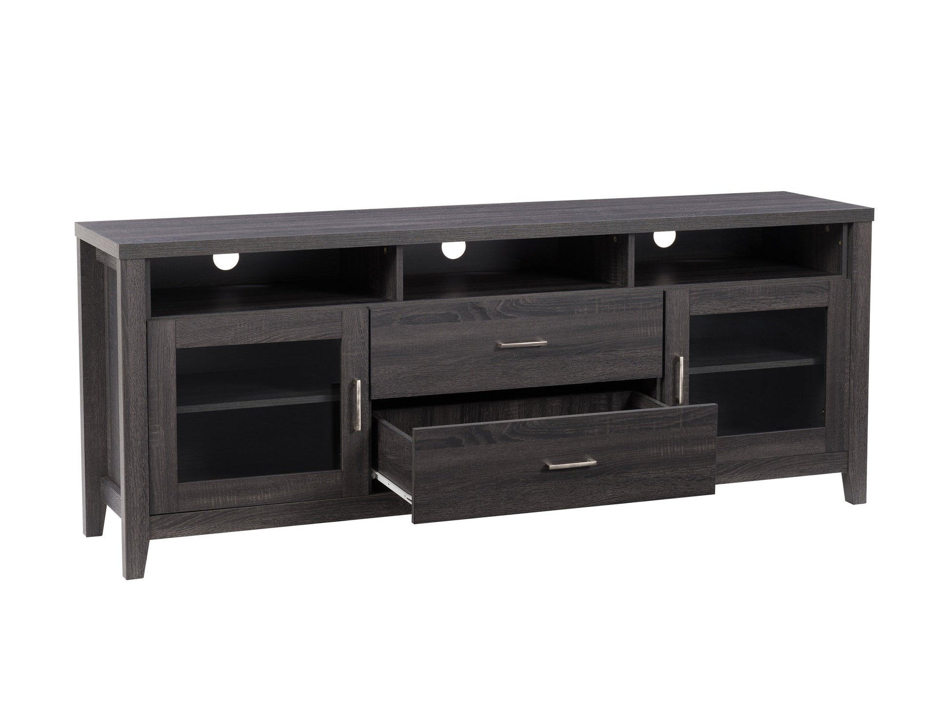 Grey wood TV stand with open shelves and cabinets, suitable for TVs up to 85 inches. Features a sleek, modern design with black metal accents and ample storage space for electronics and decor.