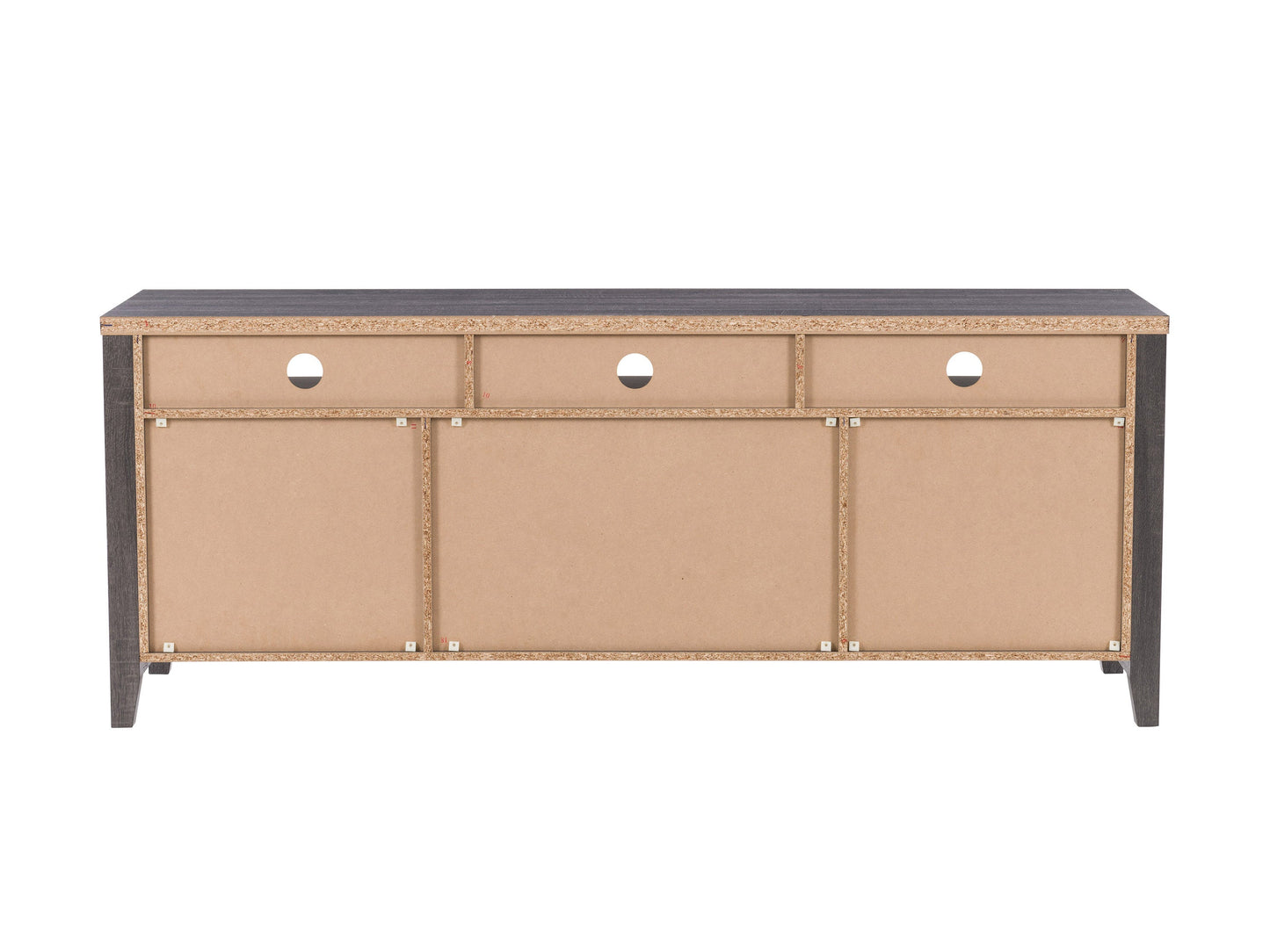 Grey wood TV stand for TVs up to 85 inches, featuring a modern design with sleek lines, two spacious cabinets, and open shelving for media storage, complemented by a durable wood grain finish.