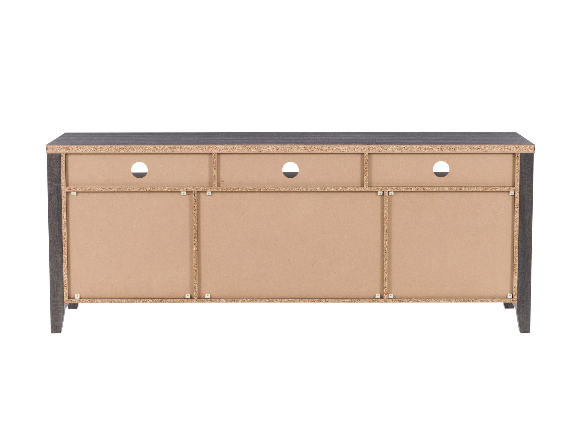Grey wood TV stand for TVs up to 85 inches, featuring a modern design with sleek lines, two spacious cabinets, and open shelving for media storage, complemented by a durable wood grain finish.