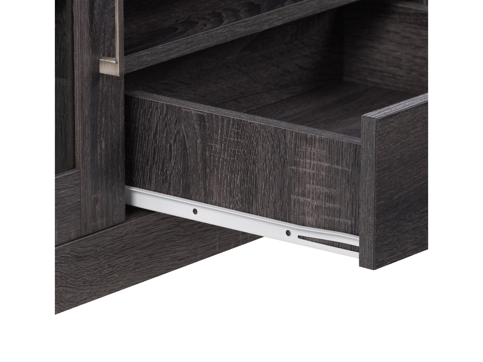 Grey wood TV stand for TVs up to 80 inches, featuring a sleek design with open shelving, metal accents, and a textured wood finish, perfect for modern living rooms and entertainment spaces.