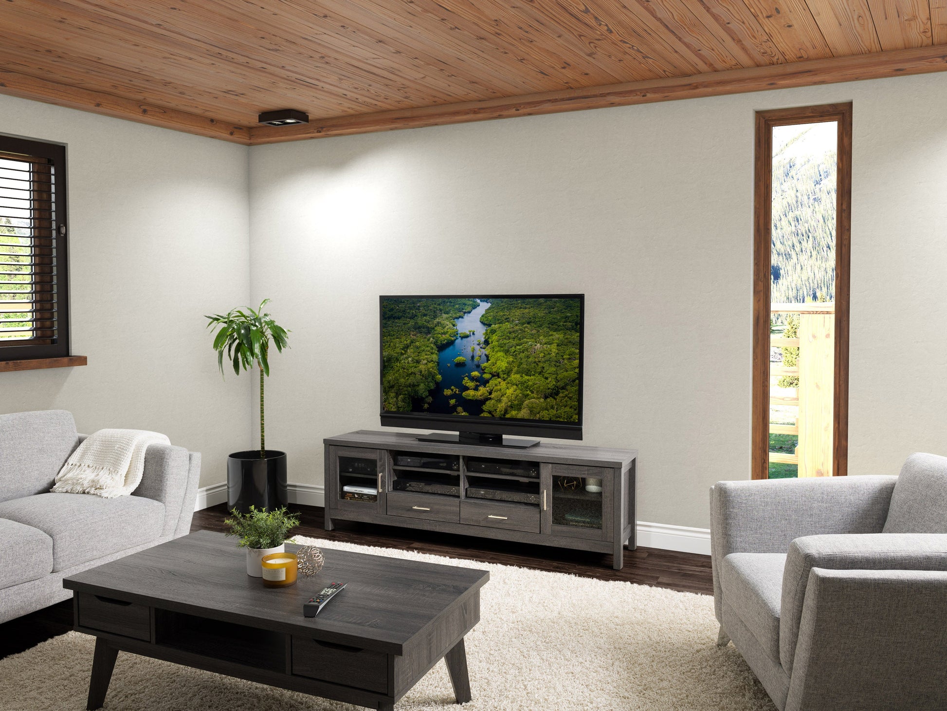 dark grey TV Cabinet with Doors for TVs up to 85" Hollywood Collection lifestyle scene by CorLiving#color_dark-grey