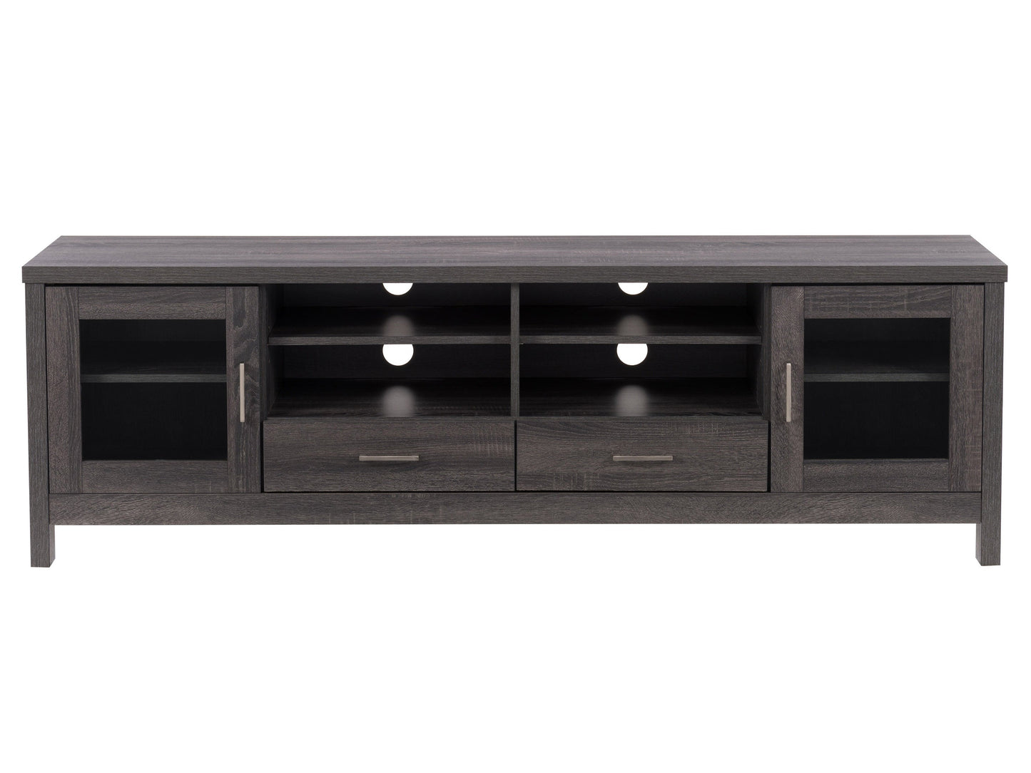 Grey wood TV stand for TVs up to 80 inches, featuring a sleek design with open shelving, cabinet doors, and a sturdy build. Ideal for modern living rooms, it combines functionality with contemporary style.