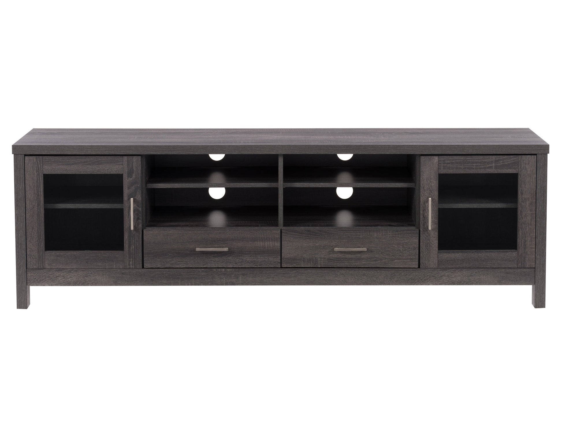 Grey wood TV stand for TVs up to 80 inches, featuring a sleek design with open shelving, cabinet doors, and a sturdy build. Ideal for modern living rooms, it combines functionality with contemporary style.
