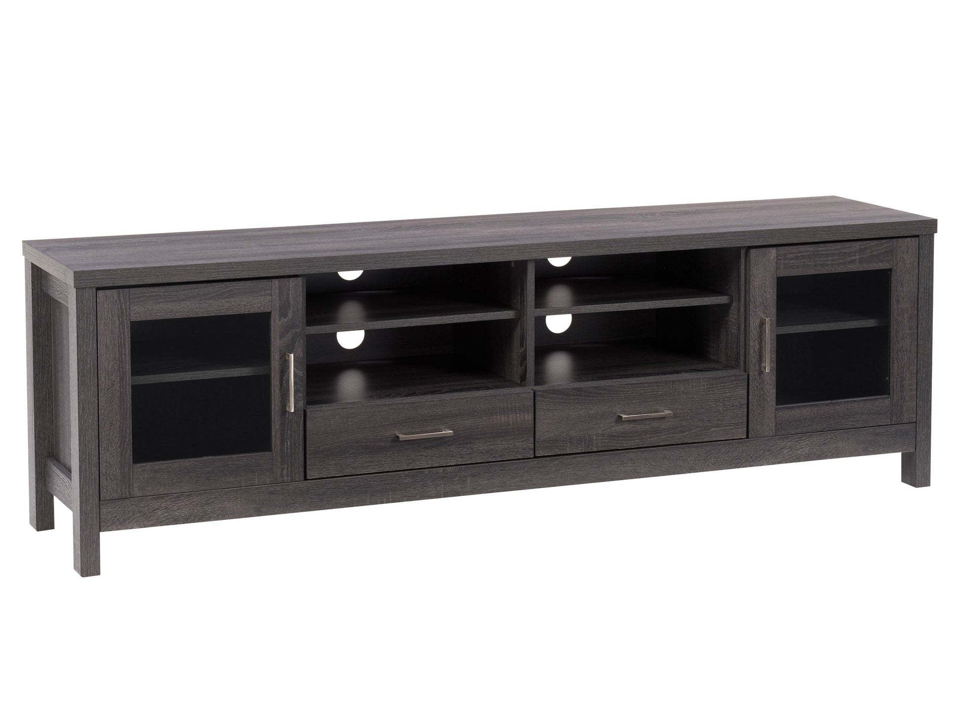 Grey wood TV stand with sleek design, fits TVs up to 80 inches, features two open shelves, two cabinet doors with black handles, and a modern, rustic finish.