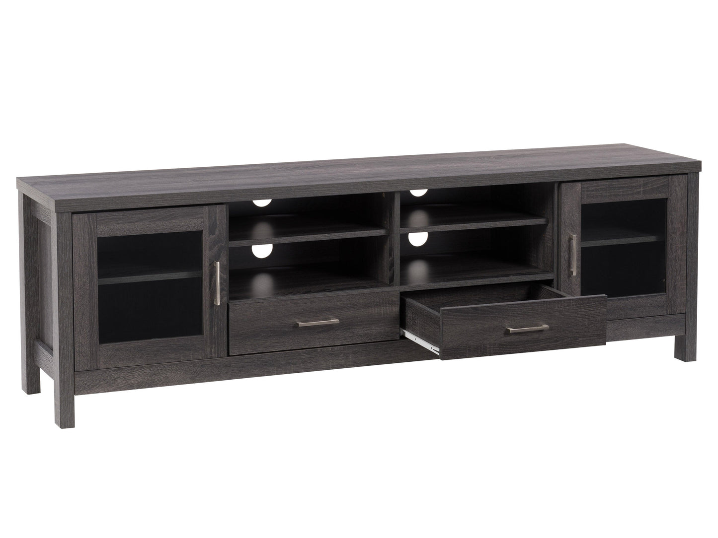 Grey wood TV stand for TVs up to 80 inches, featuring a sleek design with open shelves, two cabinets with black metal handles, and a smooth, textured finish. Ideal for modern living rooms.