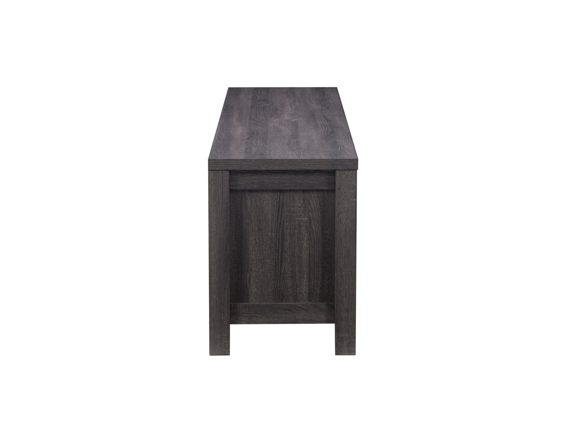 Grey wood TV stand for TVs up to 80 inches, featuring a sleek design with two open shelves, two cabinets with black metal handles, and a textured wood finish.
