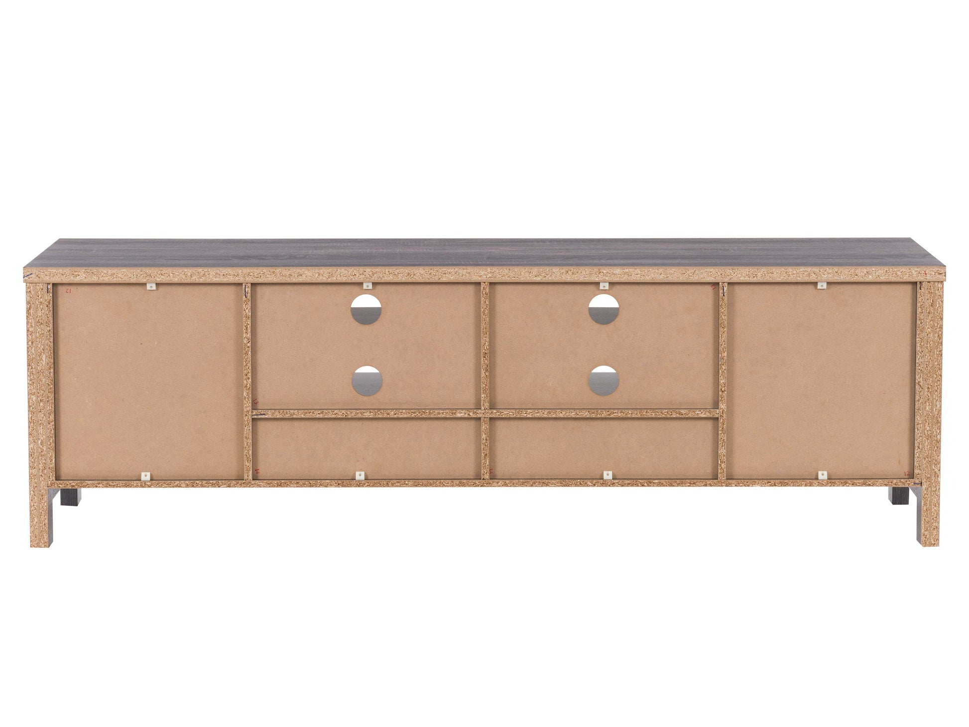 Grey wood TV stand for TVs up to 80 inches, featuring a sleek design with open shelves and cabinets for storage, silver handles, and a modern aesthetic, perfect for contemporary living rooms.