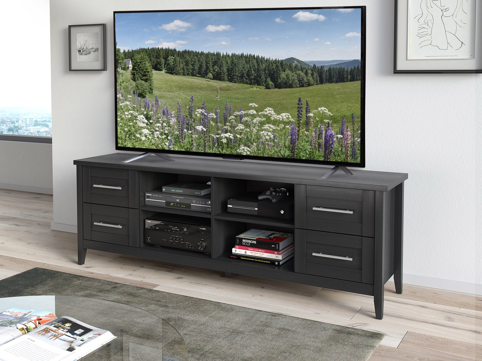 Wide wooden TV stand with a dark walnut finish, featuring sleek metal legs, open shelving, and two storage cabinets, suitable for TVs up to 85 inches. Ideal for modern living rooms.
