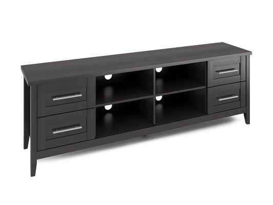 Wide wooden TV stand with a dark walnut finish, featuring sleek metal legs, open shelving, and two storage cabinets, suitable for TVs up to 85 inches. Ideal for modern living rooms.