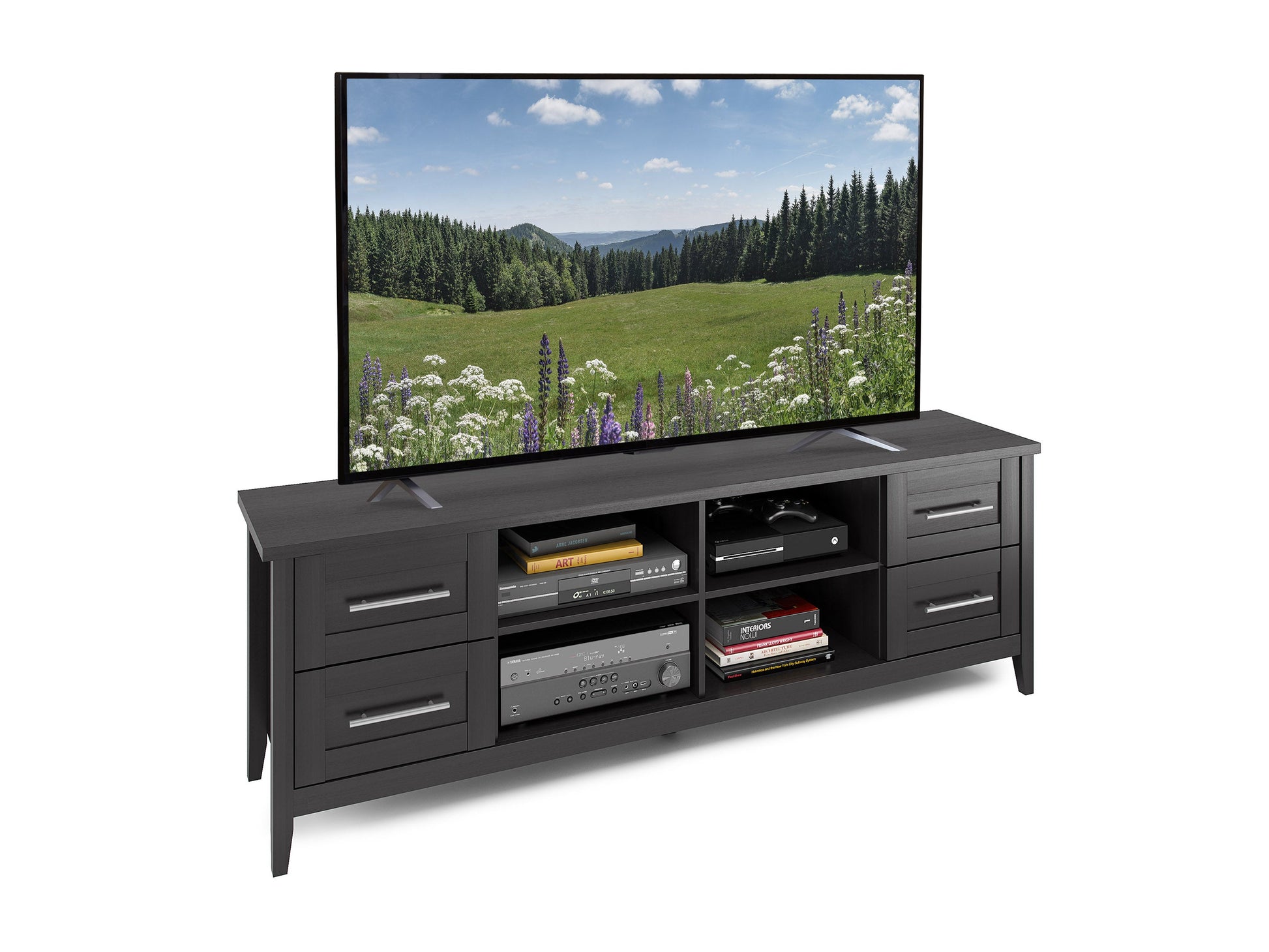 Wide wooden TV stand with a dark walnut finish, featuring sleek metal legs, open shelving, and two storage cabinets, suitable for TVs up to 85 inches. Ideal for modern living rooms.